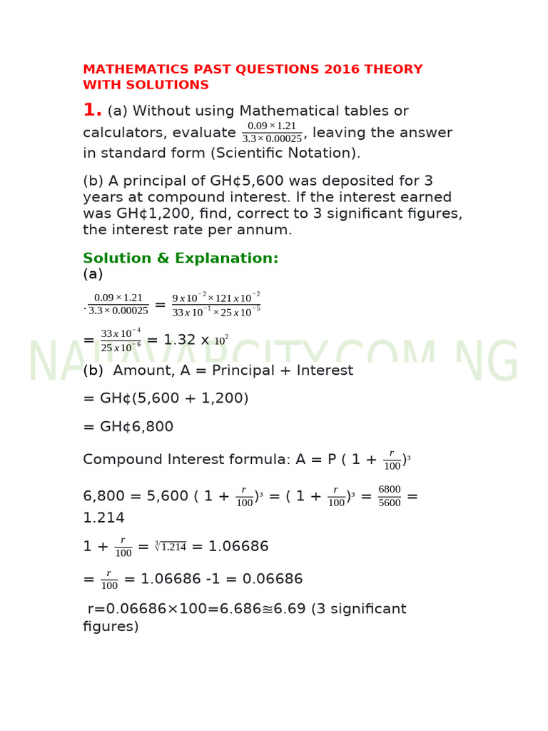 2016 Mathematics Past Questions with Solutions | PDF | Interest ...