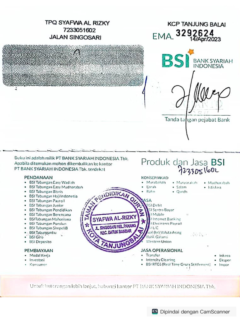 Scan Rekening Bank TPQ Syafwa Al-Rizky | PDF