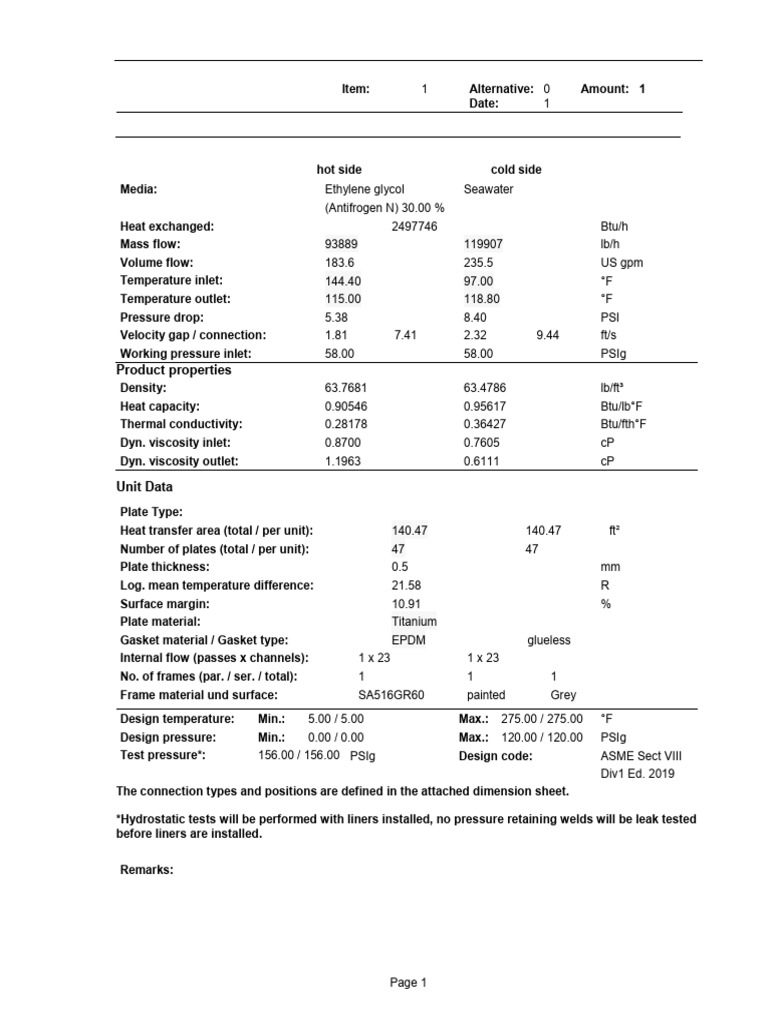 Heat Exchanger Specifications and Data | PDF | Heat Exchanger | Pressure