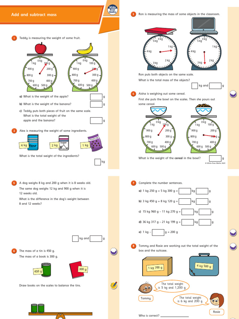 Mass Addition and Subtraction Exercises | PDF | Weight | Weighing Scale