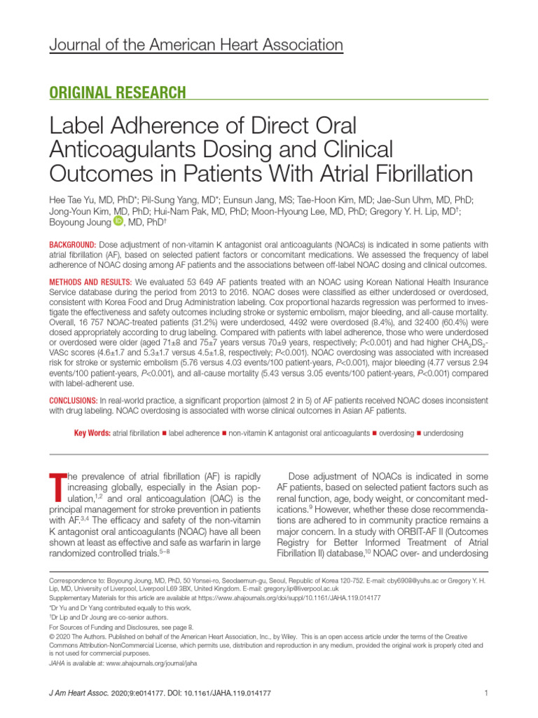 Label Adherence of Direct Oral Anticoagulants Dosing and Clinical ...