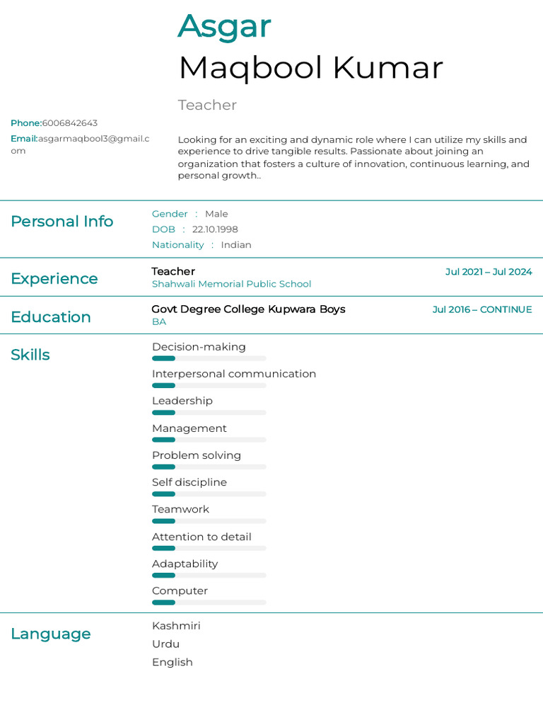 Teacher Resume of Asgar Maqbool Kumar | PDF