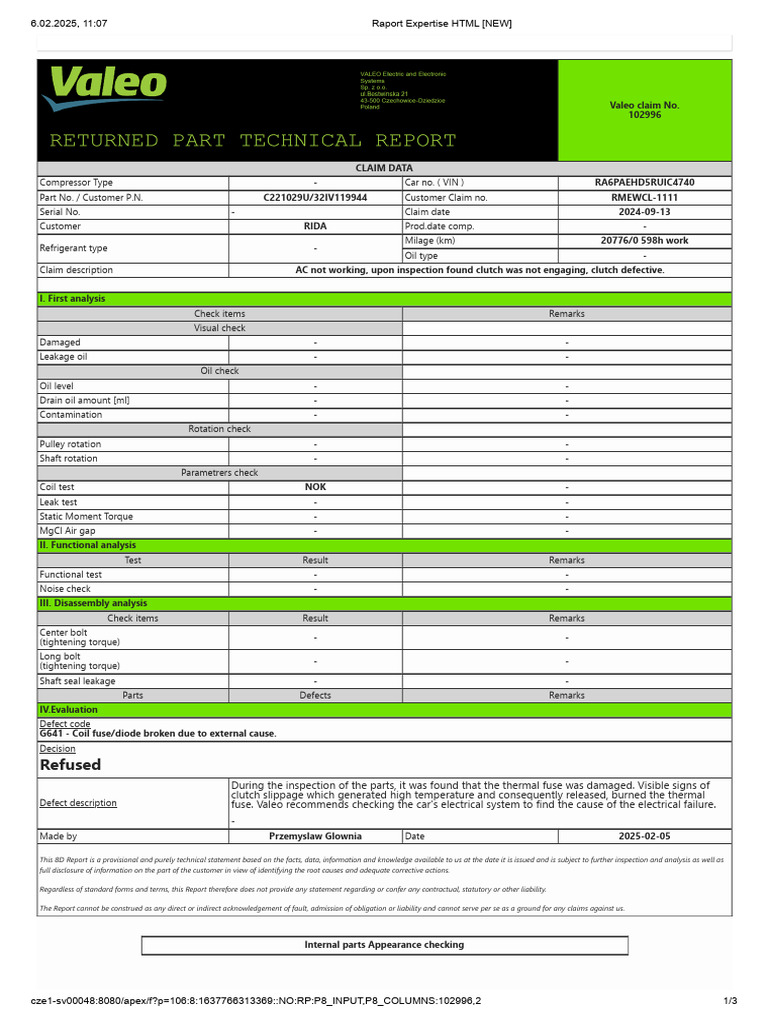 Valeo AC Clutch Defect Report | PDF | Clutch | Mechanical Engineering
