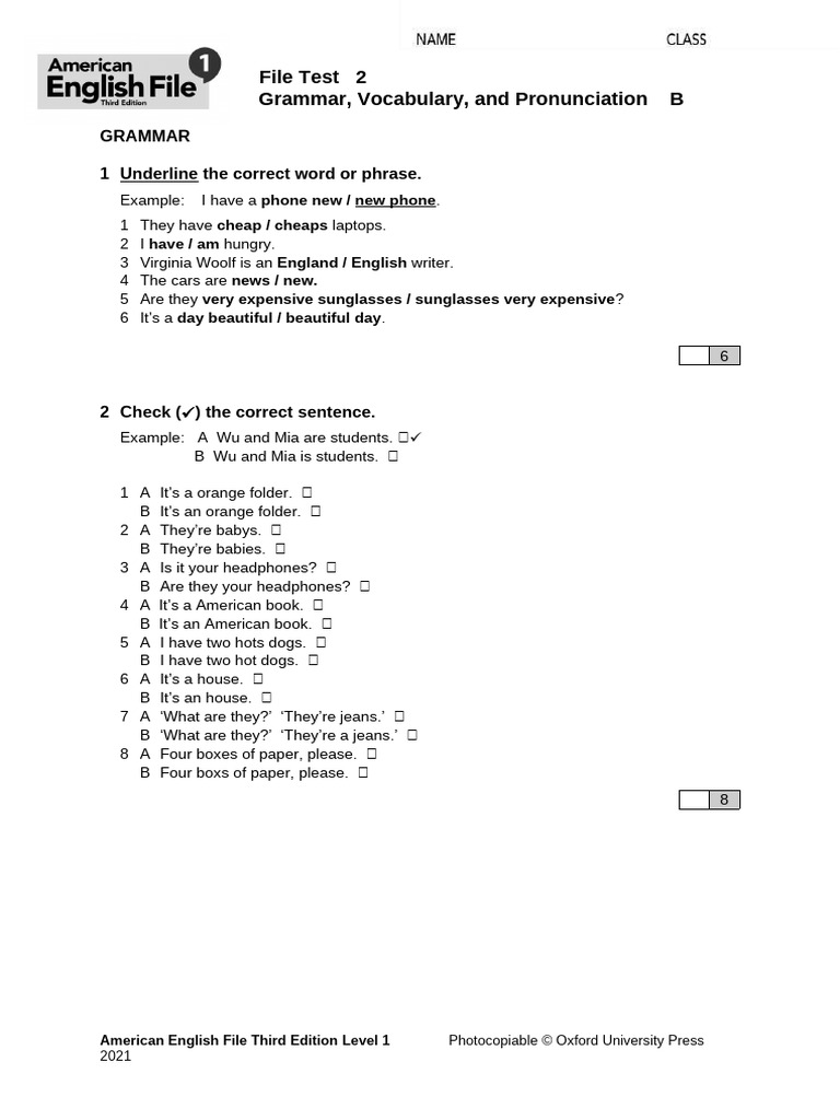 English File Test: Grammar & Vocabulary | PDF | English Language | Desk