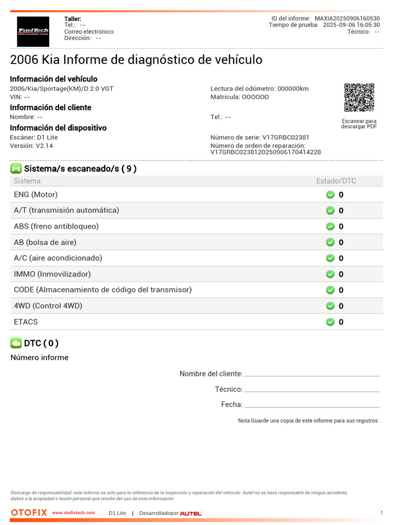 2006 Kia Informe de Diagnóstico de Vehículo - 2025096160530 | PDF