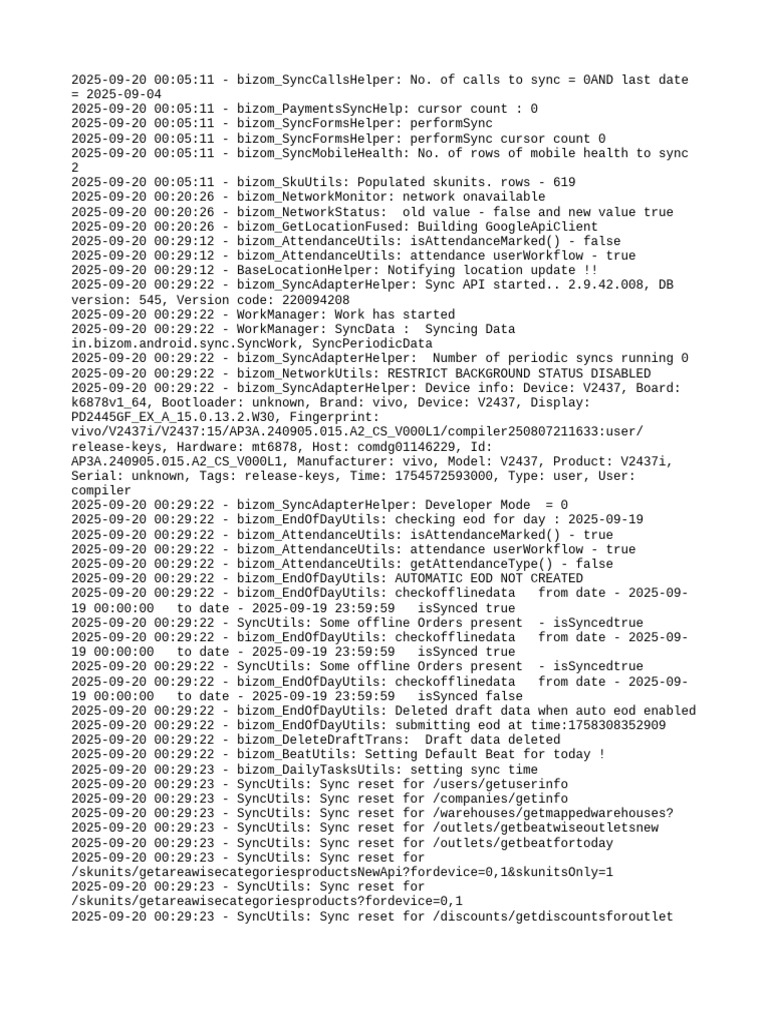 Bizom Sync Log Analysis 2025-09-20 | PDF | Software Engineering | Computing