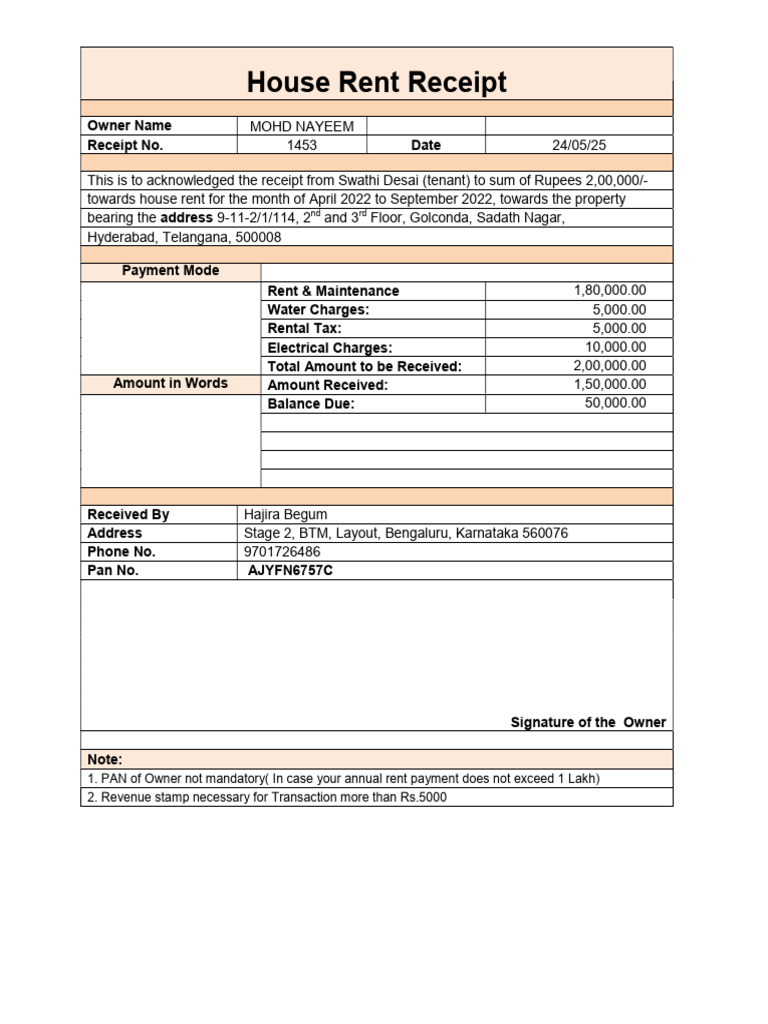 House Rent Receipt for April-September 2022 | PDF