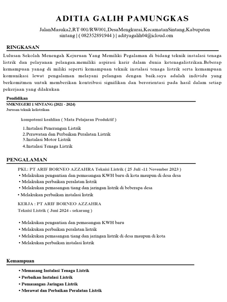 Profil Aditia Galih Pamungkas: Teknisi Listrik | PDF