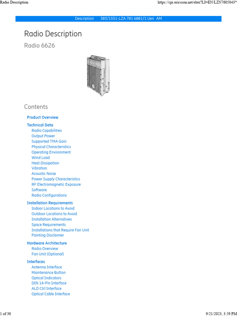 Ericsson RRU 6626 Radio Overview | PDF | Power Supply | Radio