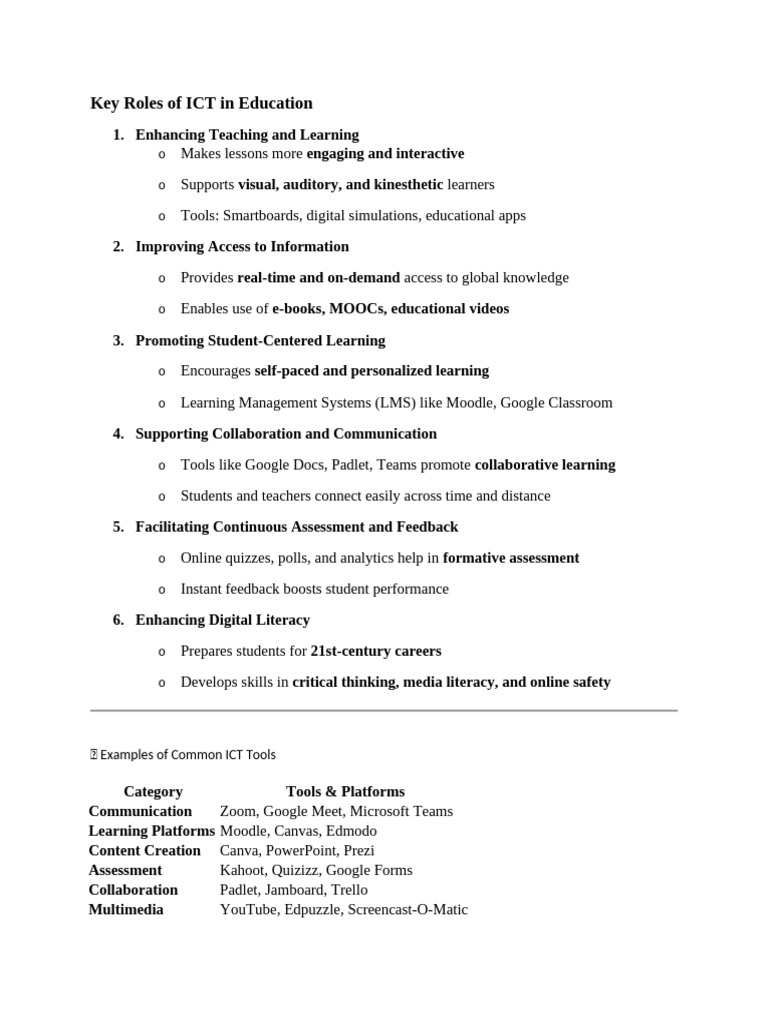 Key Roles of ICT in Education | PDF | Educational Technology | Teacher ...
