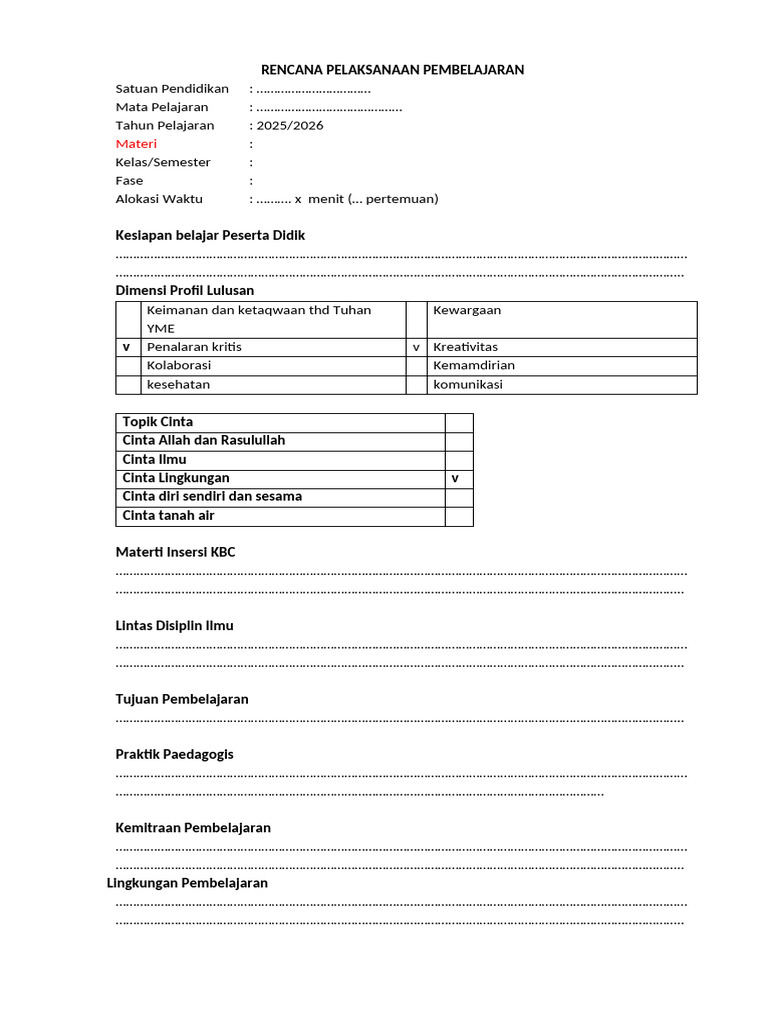 0. TEMPLATE RPP Pembelajaran Mendalam_Insersi KBC | PDF