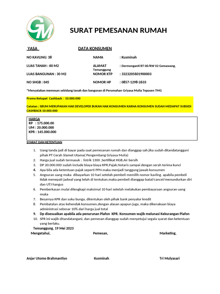 Surat Pemesanan Rumah Griyasa Mulia | PDF