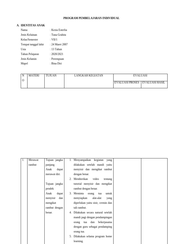 Program Pembelajaran Individual A. Identitas Anak | PDF
