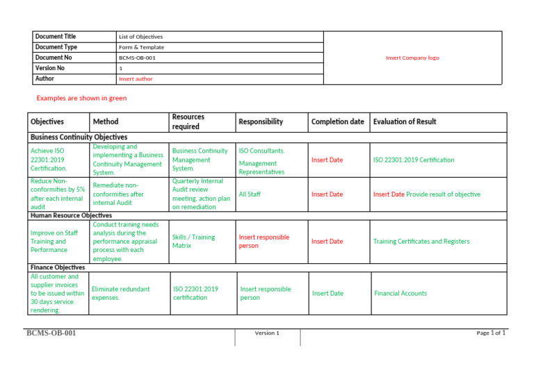 BCMS-OB-001 List of Objectives | PDF | Audit | Business
