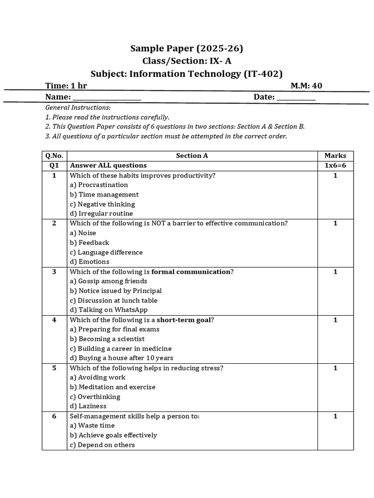 Class IX Information Technology Exam Paper | PDF | Software | Computing