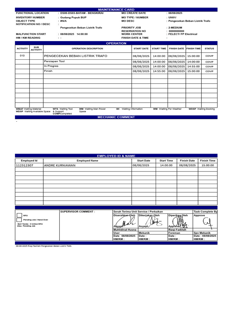 Electrical Load Check Maintenance Card | PDF