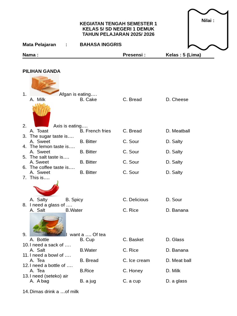STS Bahasa Inggris Kelas 5 Semester 1 | PDF | Taste | Food And Drink
