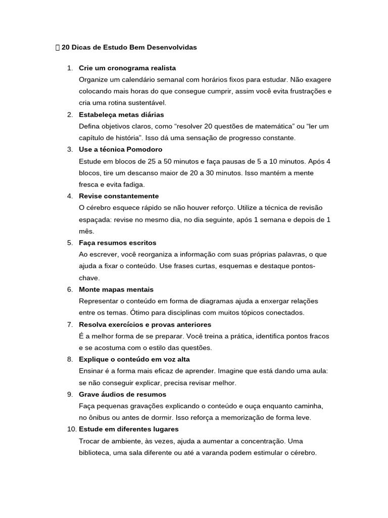 20 Dicas Eficazes para Estudar Melhor | PDF | Aprendizado | Dormir