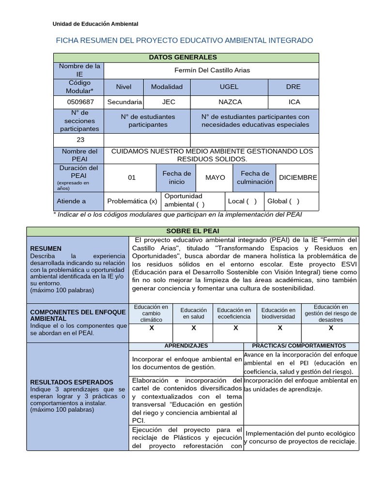 Ficha de Redumen Del Proyecto Educativo Ambiental Integrado | PDF ...