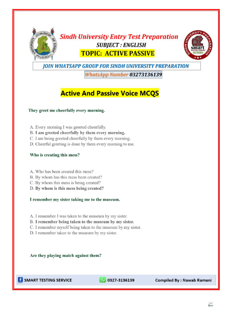 Active and Passive Voice MCQS | PDF