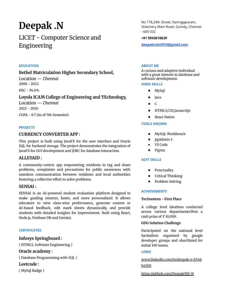 Deepak N - Computer Science Profile | PDF | My Sql | Computing