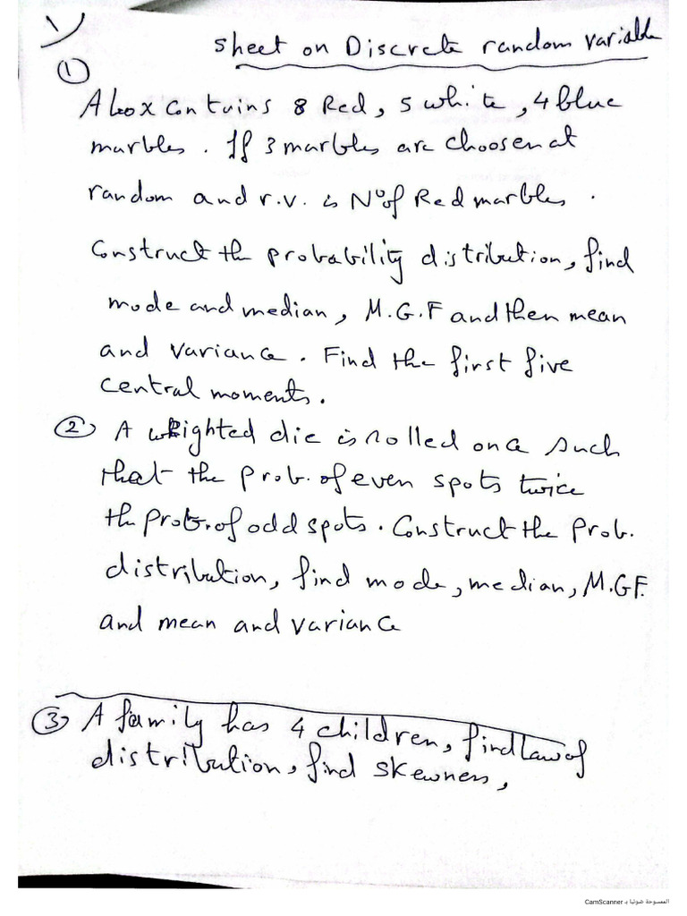 Sheet On Discrete Random Variable | PDF
