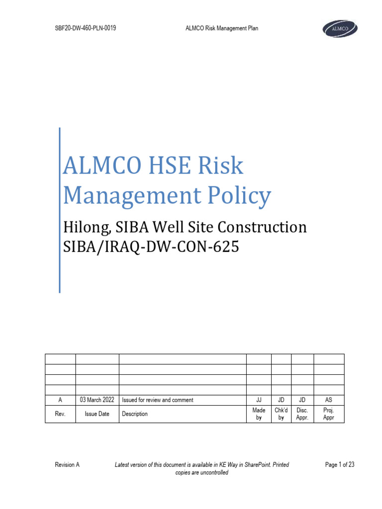 ALMCO Iraq Risk Management Plan | PDF | Risk | Risk Management