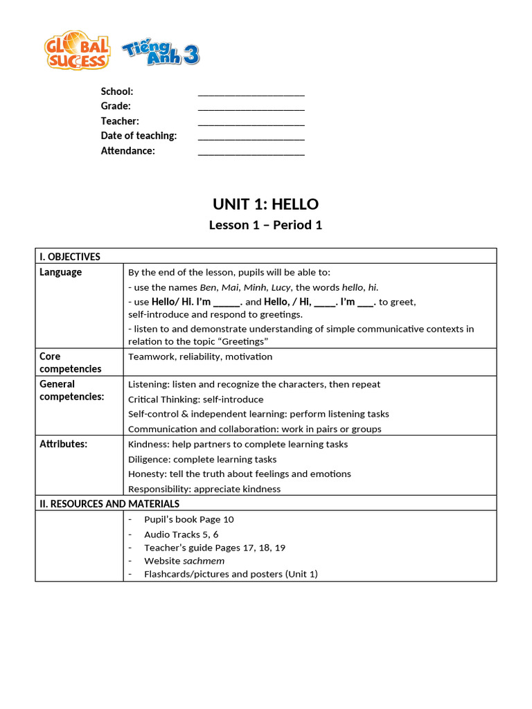 Greetings Lesson Plan for Young Learners | PDF | Teachers | Attention
