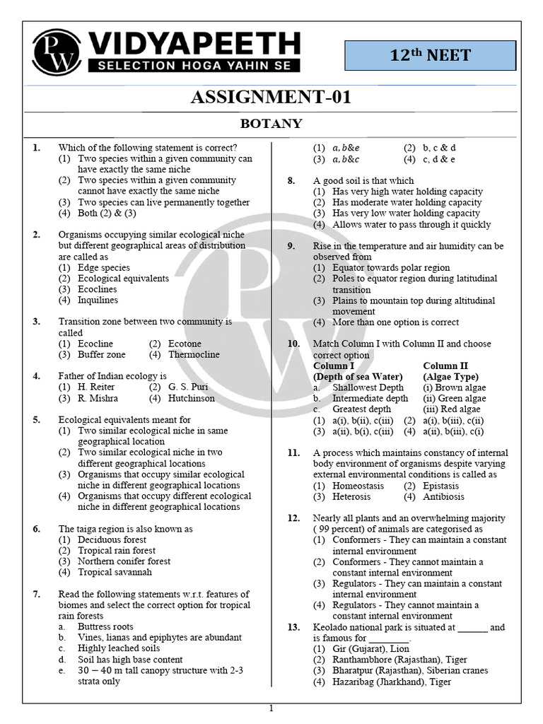 12th NEET Botany Assignment Khushbu Mam Question Paper | PDF | Biology ...