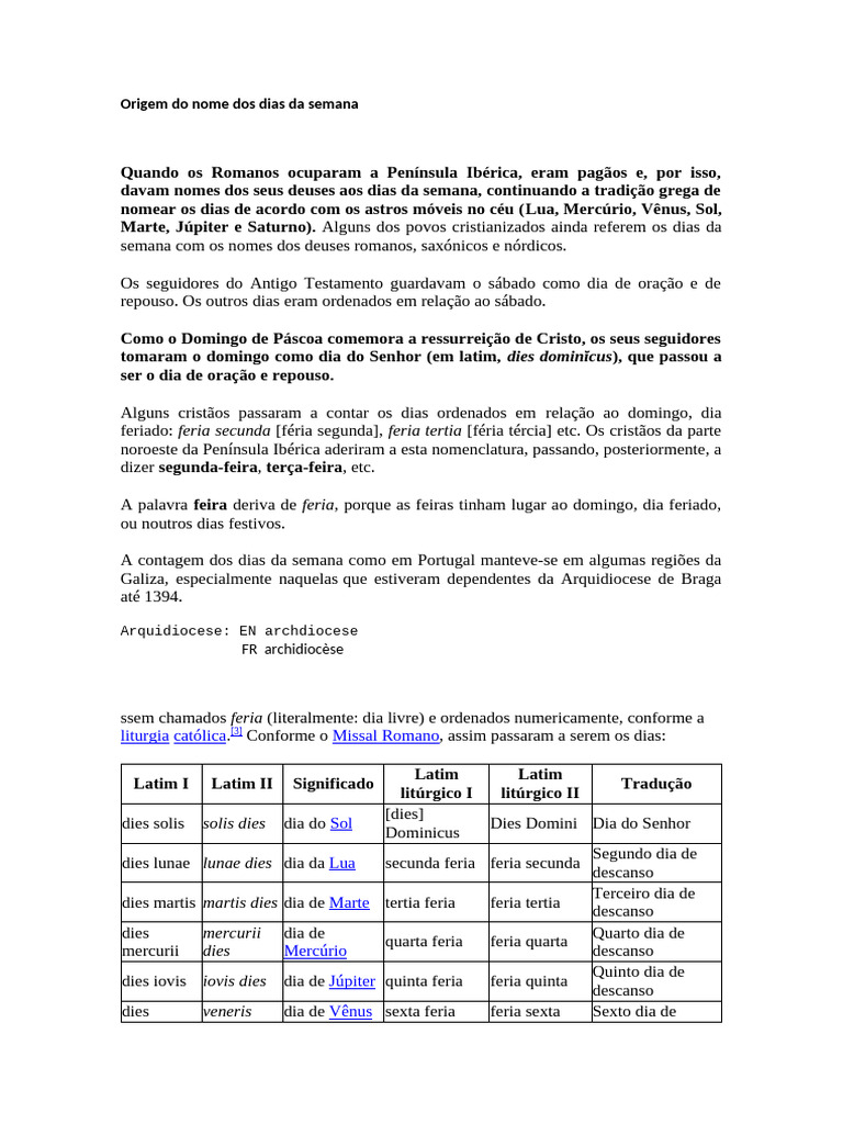 Origem dos Nomes dos Dias da Semana | PDF