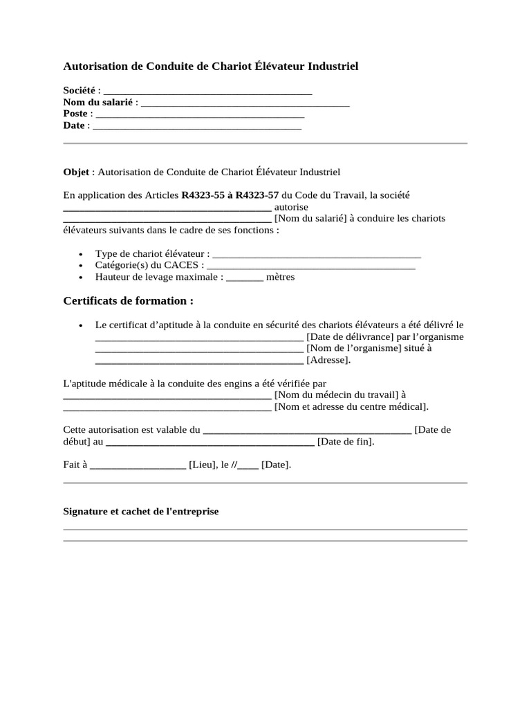 Autorisation de Conduite Employeur | PDF | Chariot élévateur