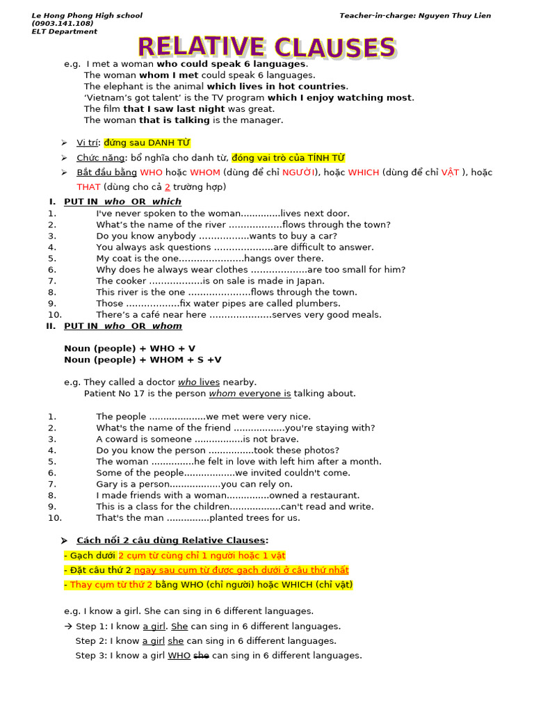 Relative Clauses Exercises for ESL Students | PDF | Linguistics