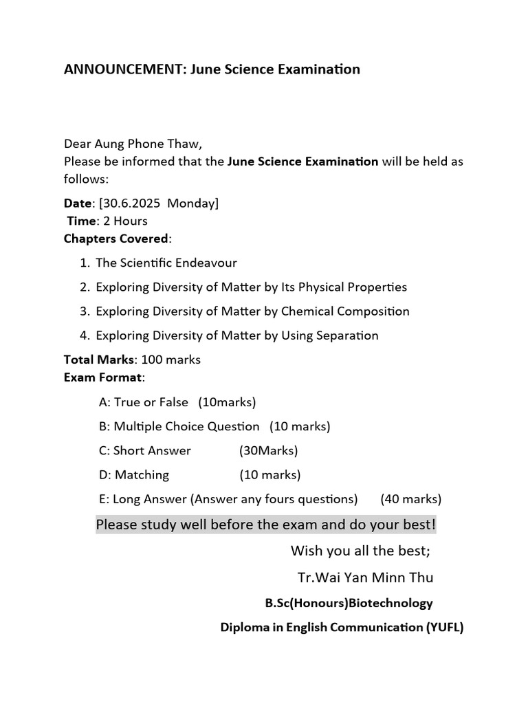 June Science Examination Details | PDF