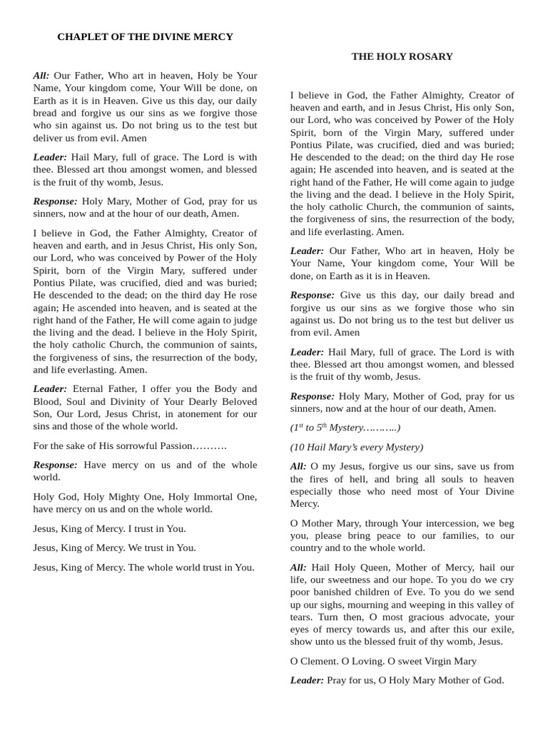Divine Mercy Chaplet and Rosary Prayers | PDF | God The Father | Mary ...