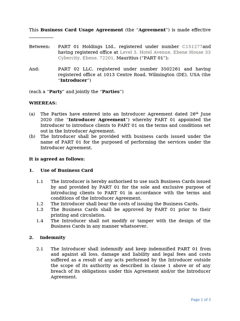 Business Card Usage Agreement - NEW | PDF | Arbitration | Confidentiality