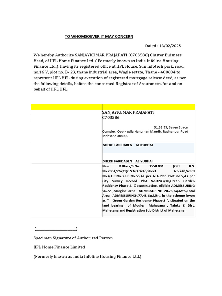 Faridaben Iifl Authority Authority Letter Mortgage Deed (1) - 1 | PDF