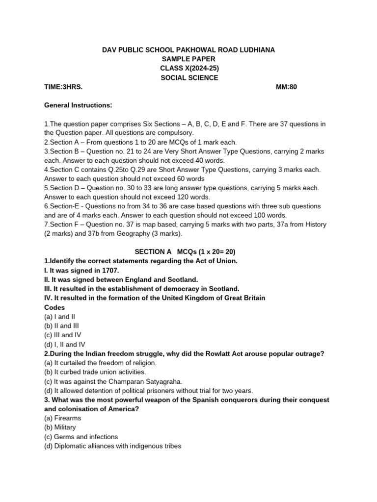 DAV Public School Class X Social Science Sample Paper | PDF ...