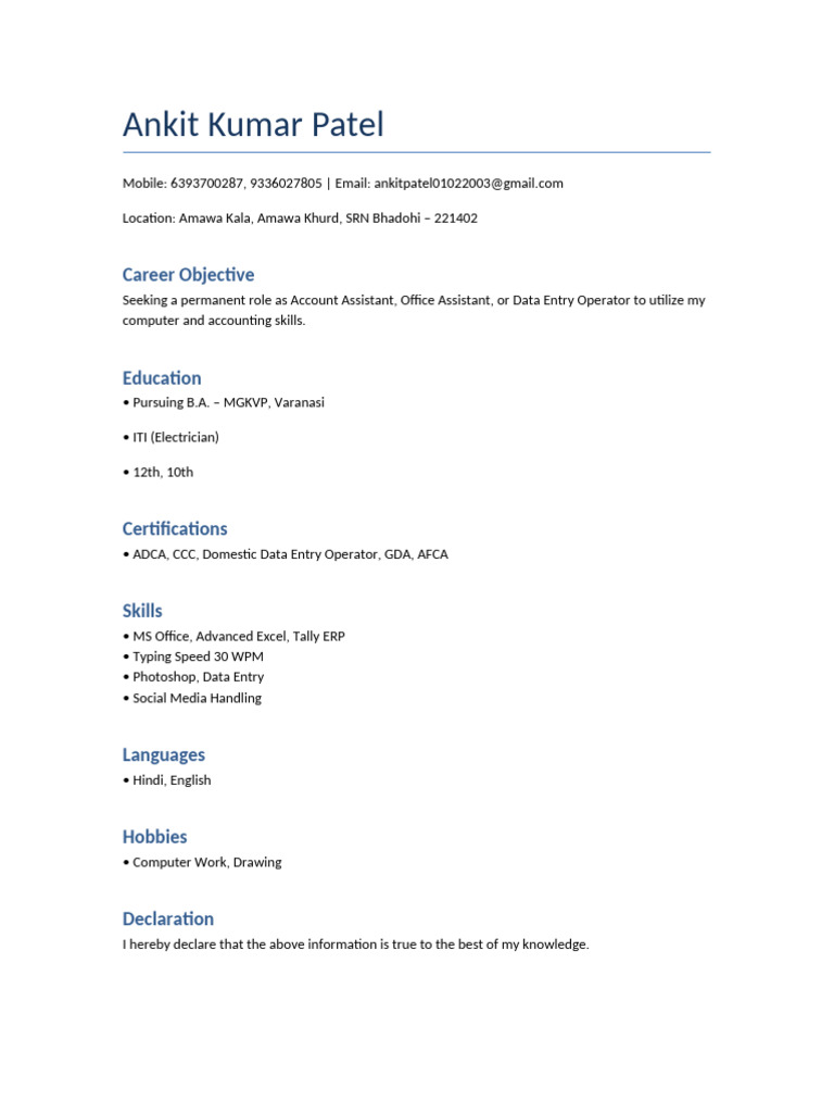 Ankit Kumar Patel Short Resume | PDF