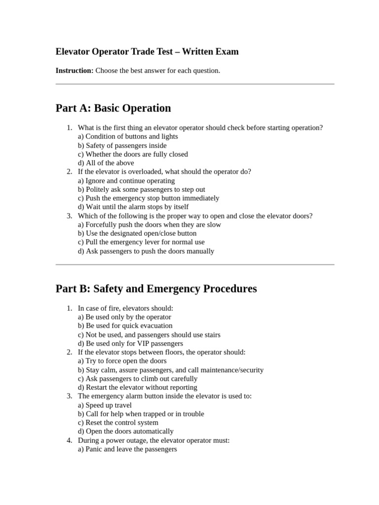 Elevator Operator Exam: Safety & Procedures | PDF | Elevator