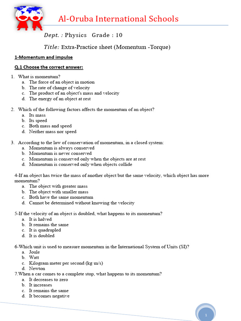 Physics Extra Practice Sheet - (Momentum - Torque) | PDF | Momentum | Force