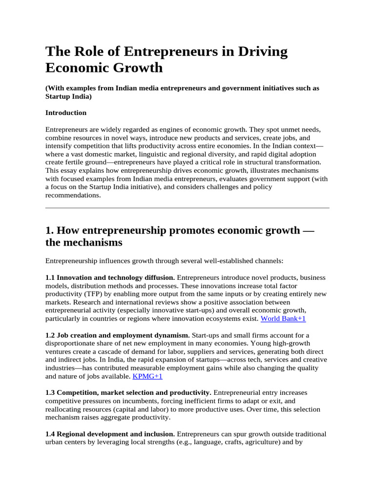 The Role of Entrepreneurs in Driving Economic Growth | PDF ...