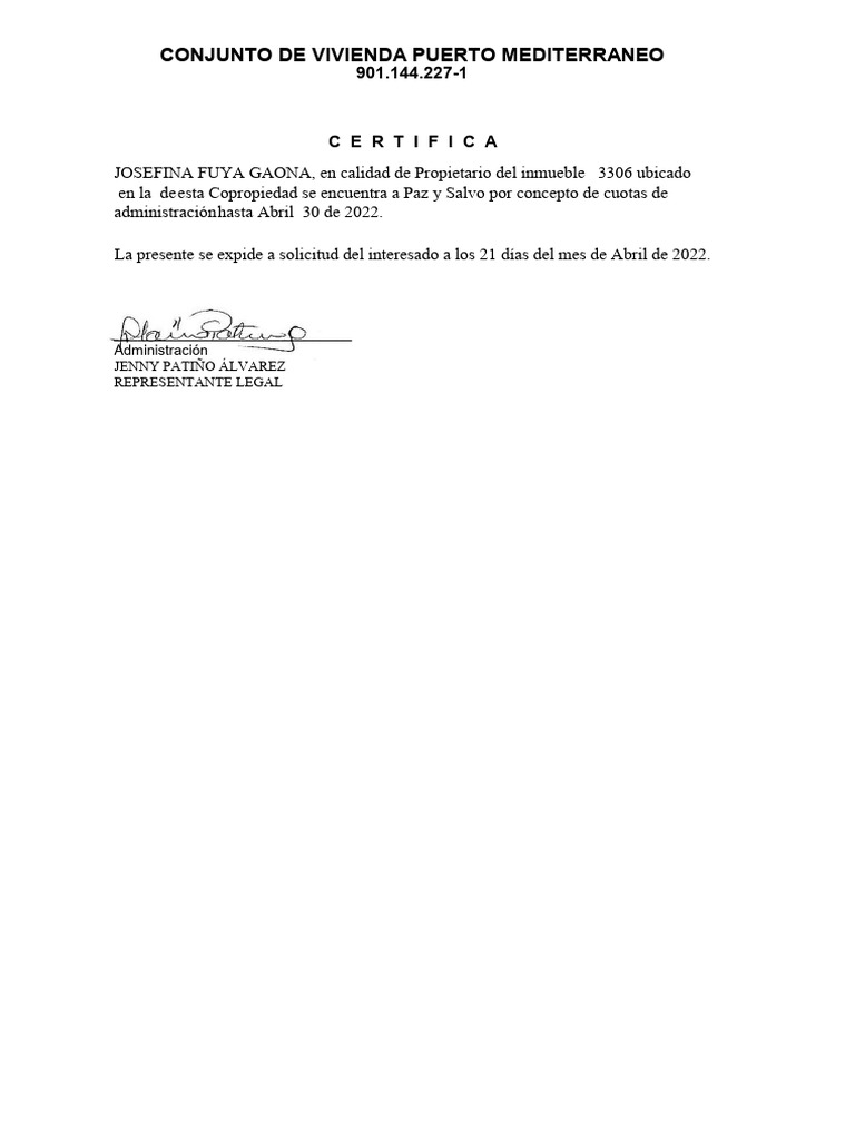 Certificado de Paz y Salvo 2022 | PDF