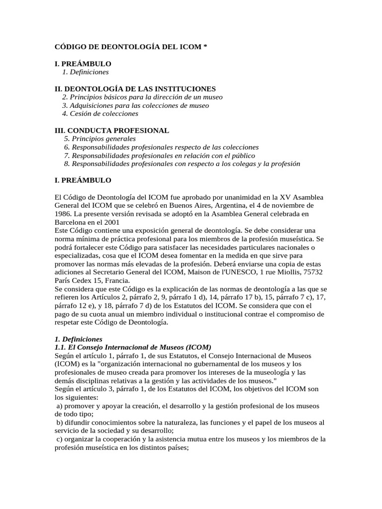 Código de Deontología del ICOM | PDF | Museo | Institución