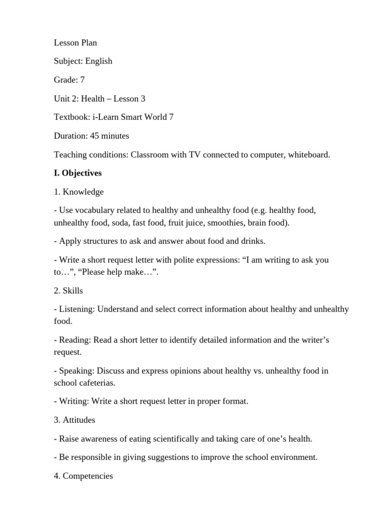 Health and Food Vocabulary Lesson Plan | PDF | Lesson Plan | Learning