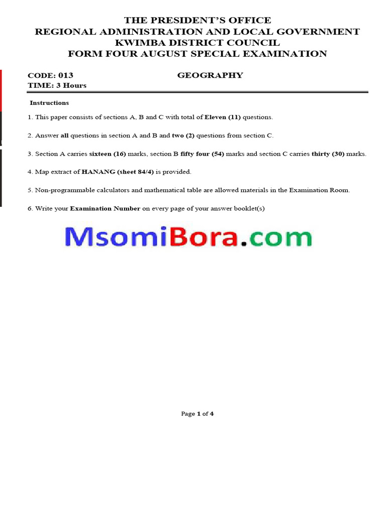 Hanang Map Sheet Geography Exam | PDF | Climate Change | Sea
