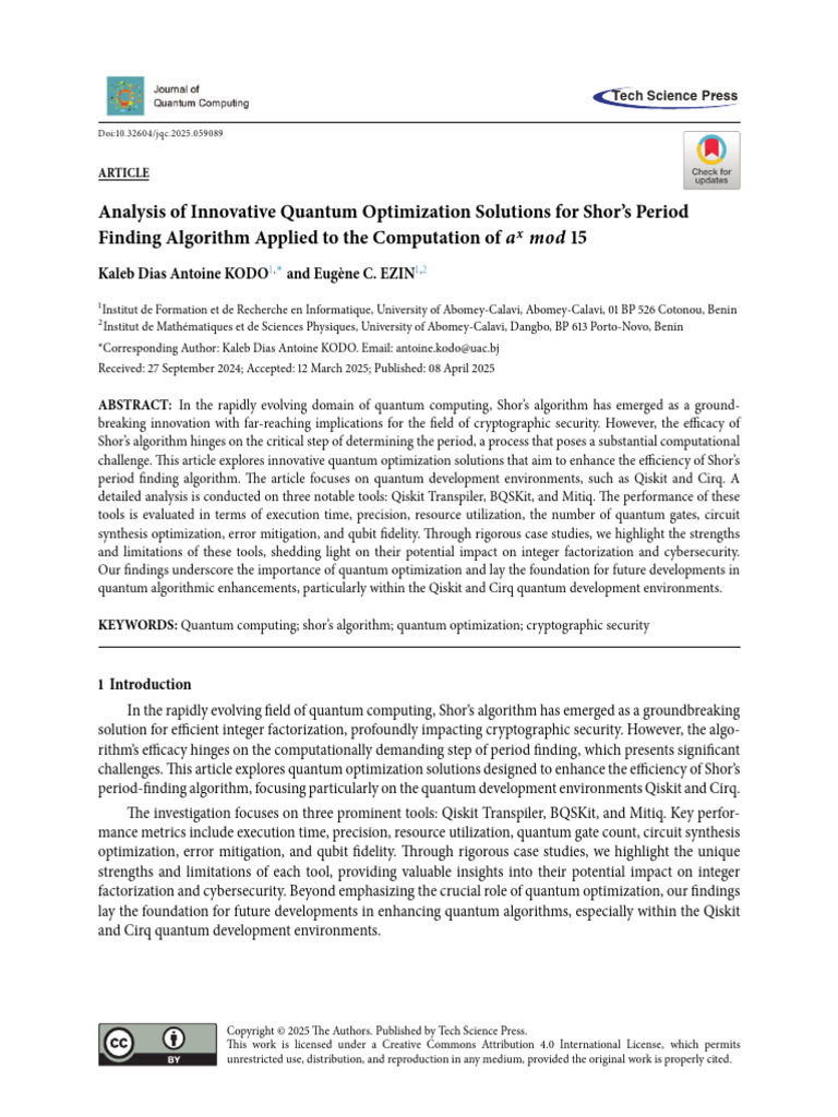Quantum Optimization for Shor's Algorithm | PDF | Quantum Computing ...