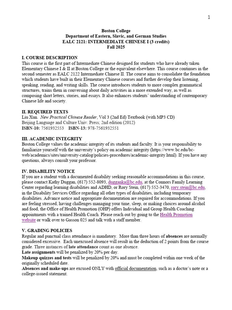 EALC+2121.01&02+Intermediate+Chinese+I+Syllabus+ (Fall+2025) Yu | PDF ...