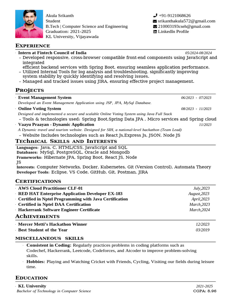 B.Tech Computer Science Student Profile | PDF | Java (Programming ...