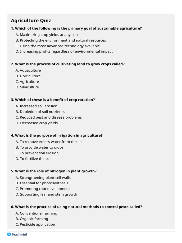 Sustainable Agriculture Quiz Questions | PDF