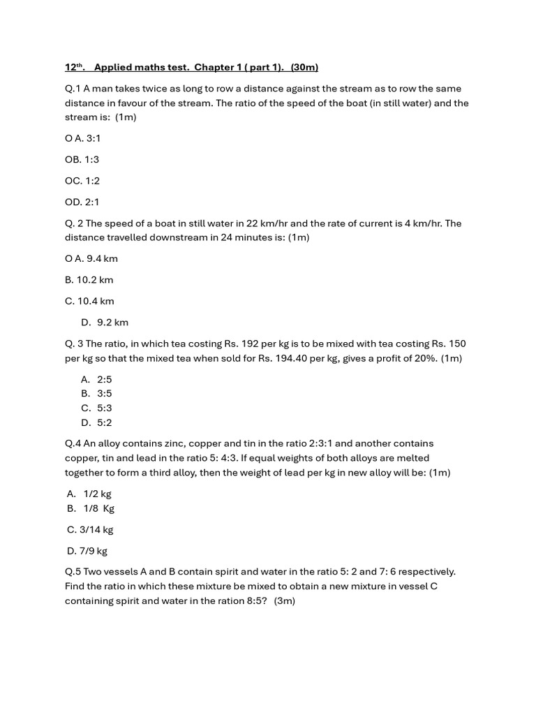Applied Maths Test: Stream & Mixture Problems | PDF | Speed